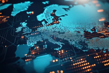 dynamic digital world map emphasize Western Europe continental for AI powered global network connectivity big data transfer cyber technology network information exchange and telecommunication , ai