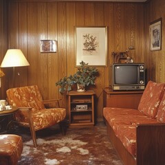 Mid-Century Modern Living Room: A cozy and inviting living room with vintage furniture and decor, capturing the essence of 1970s interior design. The wooden paneling, plush armchairs, and vintage TV s