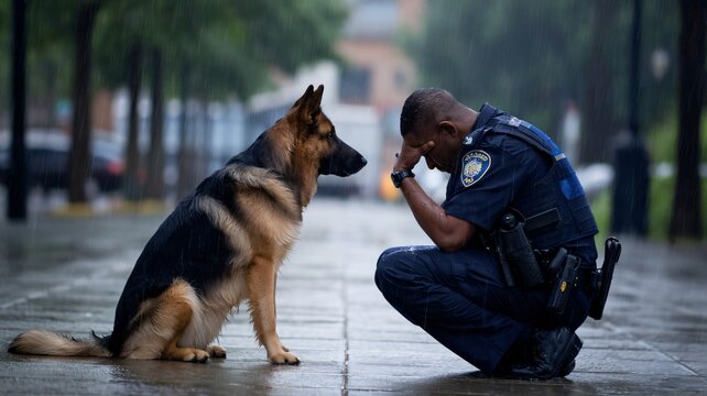 mage of a black police officer sitting on the wet ground in heavy rain. He's wearing a wet uniform and 
He bent down, his hands covering his face. The officer is crying. Next to him, a German Shepherd