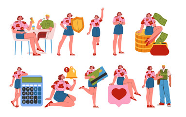 young businesswoman set. Flat Vector Illustration