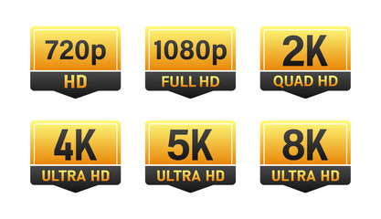 Set of gold and black icons indicating different video resolutions from 720p to 8k ultra hd