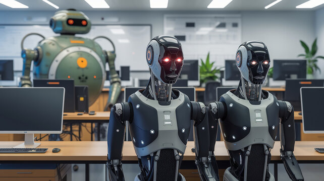 A cinematic shot of couple of robots with an AI nervous system and old generation robots in cumputer lab