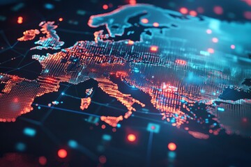 dynamic digital world map emphasize Western Europe continental for AI powered global network connectivity big data transfer cyber technology network information exchange and telecommunication , ai