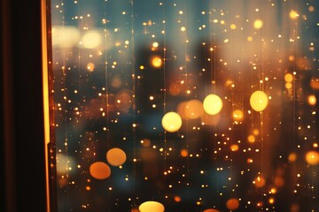 Obraz premium A mesmerizing view of golden bokeh lights shimmering through raindrops on a window, creating a warm and magical atmosphere.