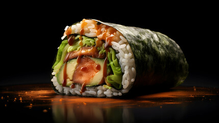 A tantalizing sushi burrito blending Japanese and Mexican flavors in a mouthwatering fusion.