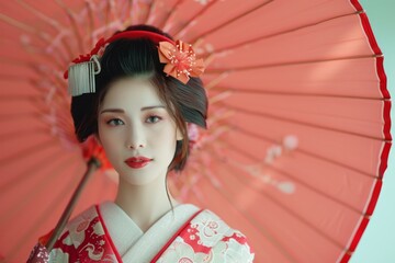 Young woman wearing traditional japanese maiko makeup and hairstyle