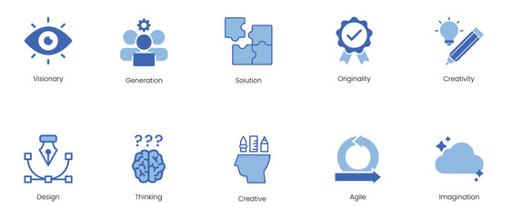 Visionary, Generation, Solution, Originality, Creativity, Design, Thinking, Creative, Agile, Imagination Vector Icon Set