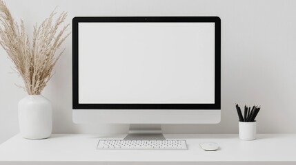 Fototapeta premium A clean desktop mock-up featuring a monitor with a blank screen, a keyboard, and a mouse on a white desk