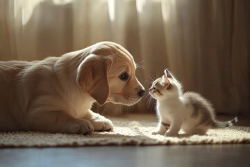 A Heartwarming Moment Between a Dog and Cat at Play, Puppy And Kitten, Dog and Cat Playing Together , ai