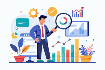 Data analysis chart and report, financial research or analyze information for marketing insight, analytics or optimization diagram, smart information, businessman analyze data with magnifying glass.
