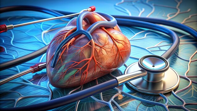 A stethoscope lies on a detailed illustration of the human heart and vein system, highlighting the doctor's precise examination and diagnostic expertise in cardiovascular health.