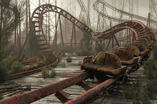 creepy roller coaster in an abandoned amusement park