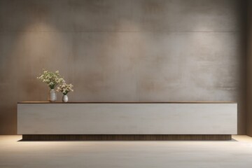 Empty concete wall mockup of reception architecture furniture sideboard.