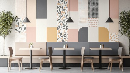 Fototapeta premium A cozy cafe with a tile wall featuring a mix of vintage and modern patterned tiles in neutral tones