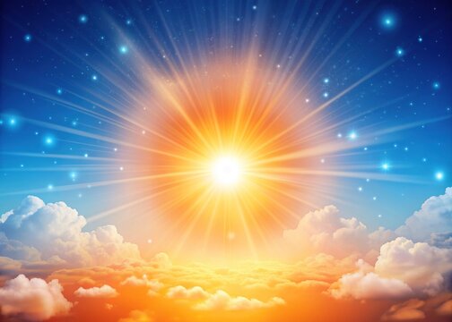 Vibrant orange sun radiates warm light amidst scattered tiny white dots, set against a serene blue sky with subtle gradient and soft, feathery clouds.