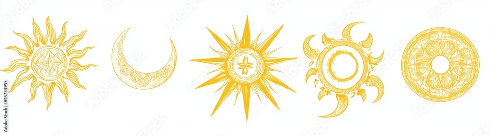 Sticker Graphics of sunshine signs, sunbeams in summer. Icons of natural sunshine png.