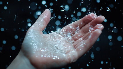 Fototapeta premium A hand catching raindrops, with water droplets glistening on the skin