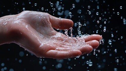 Fototapeta premium A hand catching raindrops, with water droplets glistening on the skin