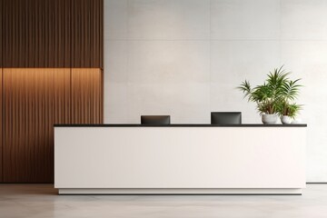 Empty wall mockup of reception electronics furniture hardware.