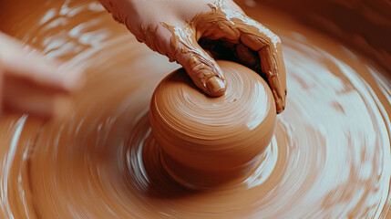 A hand covered in clay, shaping a piece of pottery on a spinning wheel