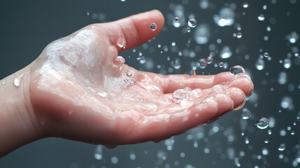 Fototapeta premium A hand catching raindrops, with water droplets glistening on the skin