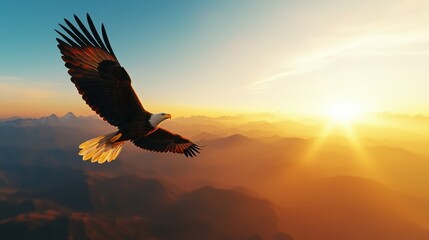 An eagle soaring high above mountains with wings outstretched