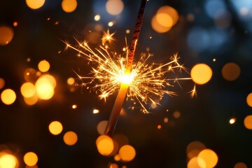 A close-up of a sparkler emitting bright, festive sparks against a backdrop of golden bokeh lights,...