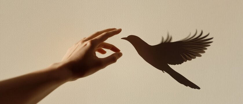 A hand creating a shadow puppet, forming the shape of a bird against a wall