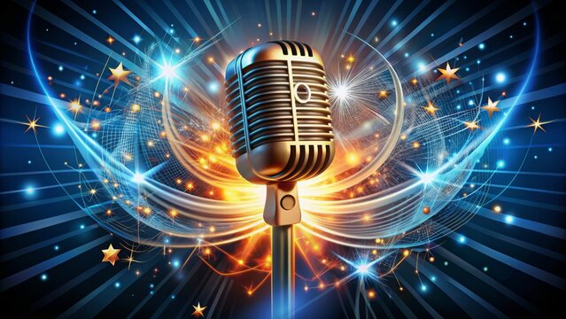 A stylized illustration of a microphone surrounded by sound waves, musical notes, and stars, symbolizing the power of voice and creative expression.