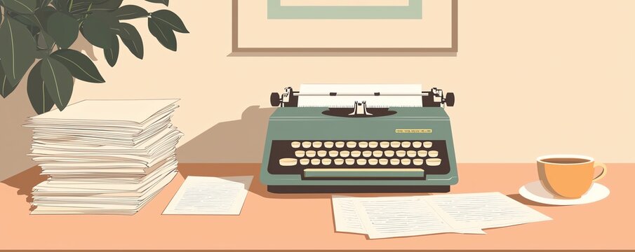 A vintage typewriter on a desk surrounded by paper stacks and a cup, ideal for creative and nostalgic themes.