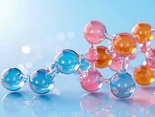 Illustration of colorful molecular structures on a blue background, representing science, chemistry, and molecular biology concepts.