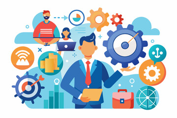 Roles and responsibilities, teamwork or resource management, work delegation, role definition or supervision, job position or organization concept, business man on gear cogwheels work with employees
