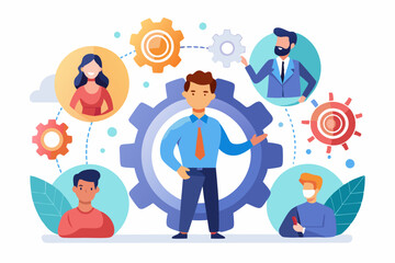 Roles and responsibilities, teamwork or resource management, work delegation, role definition or supervision, job position or organization concept, business man on gear cogwheels work with employees
