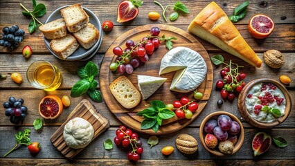 Vibrant overhead shot of a rustic wooden table adorned with fresh fruit, artisanal cheeses, and crusty bread, perfect for a food blogger's Instagram feed.