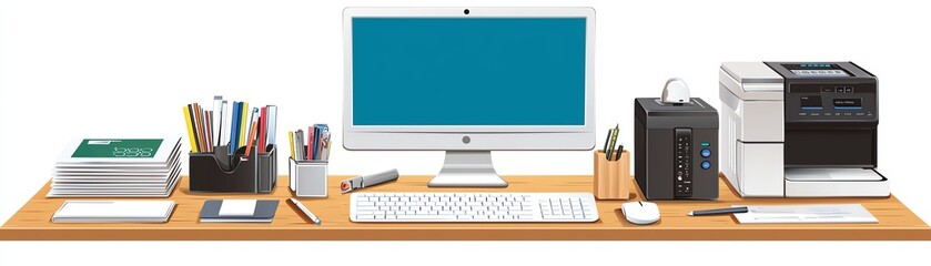 Fototapeta premium Modern office desk setup featuring a computer, printer, stationery, and a tidy workspace for productivity.