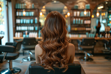 Woman with long brown hair sitting in a hair salon chair