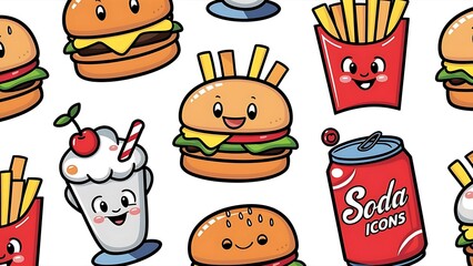 Set of colorful cartoon fast food icons. Isolated vector.