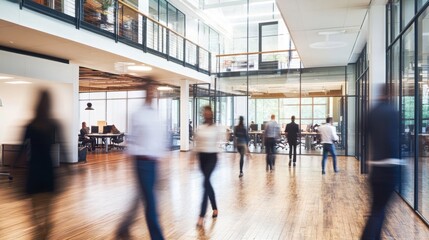 People moving through a busy modern office space in blurred motion during work hours