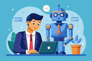 Working together with AI Artificial Intelligence, human cooperate with machine or robot, AI help or support coworker, assistance or partnership concept, businessman hand high five with robot hand. 
