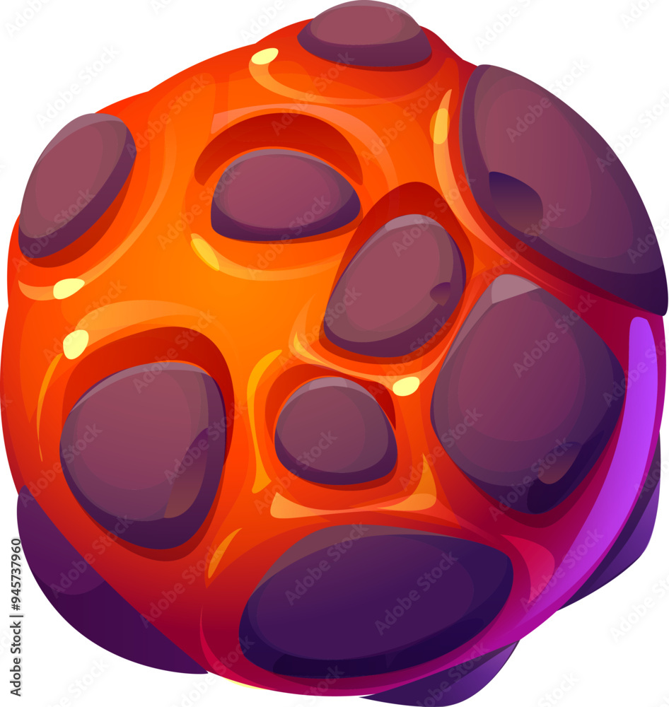 Poster cartoon fantasy galaxy alien space planet. vector fiery orange sphere with rounded bumps float in st