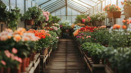Obraz premium The greenhouse is filled with rows of tables and shelves stacked with trays and pots of various seedlings, flowering plants, and herbs. 