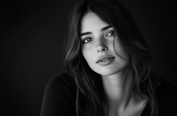 Fototapeta premium Black and White Portrait of a Beautiful Woman with Soft Expression and Wavy Hair 