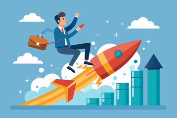 Business growth, investment profit increase, growing fast or improvement sales and revenue, progress or development concept, businessman riding rocket on growth bar graph or rising up revenue chart. 
