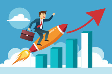 Business growth, investment profit increase, growing fast or improvement sales and revenue, progress or development concept, businessman riding rocket on growth bar graph or rising up revenue chart. 
