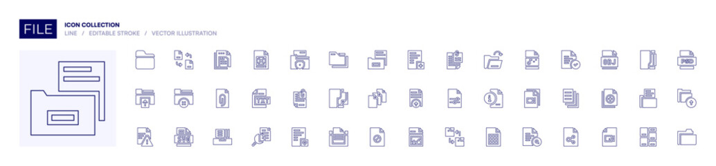 File icon collection. Line style. Editable stroke. files, file, obj, add file, movie file, audio file, open, file upload, text file, police file