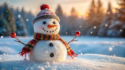 Obraz premium A whimsical winter scene featuring a charming snowman crafted from rolled snowballs, adorned with carrot nose, coal eyes, and a bright red scarf against a snowy backdrop.