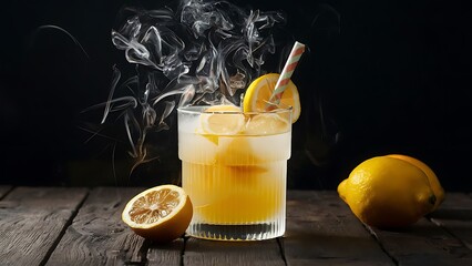 Macro image of misty cold glass with ice lemon lemonade.