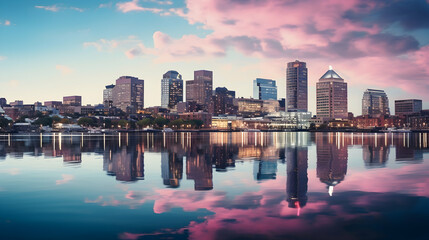Naklejka premium Backlit cityscape reflecting on water with building