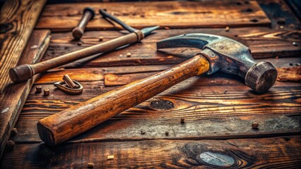 A worn, rusty hammer lies diagonally across a wooden workbench, its curved claw and flathead reflecting subtle workshop wear and tear amidst scattered tools.