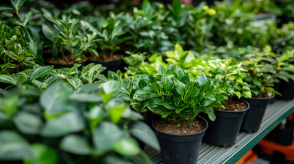 Fototapeta premium The greenhouse is filled with rows of tables and shelves stacked with trays and pots of various seedlings, flowering plants, and herbs. 